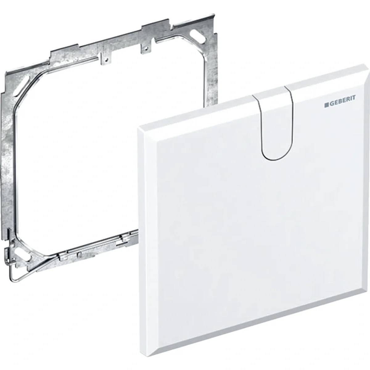 Geberit Verborgenspülkasten-Zugangsplatte mit Metallmontagrahmen und weißer Spülabdeckplatte.