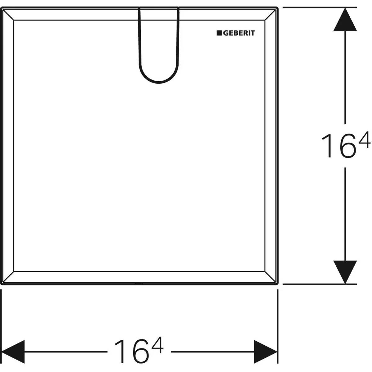 Technische Zeichnung eines quadratischen Geberit-Panels mit einer zentrierten oberen Kerbe, mit den Maßen 164 mal 164 Einheiten und Pfeilen, die Breite und Höhe anzeigen.