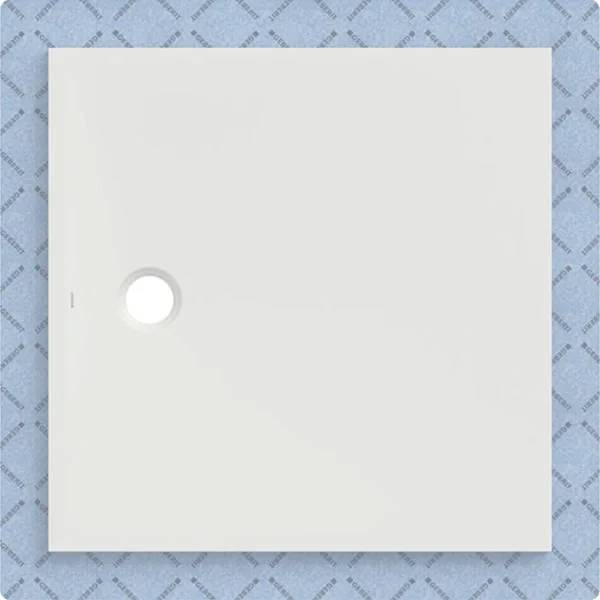 Einfaches weißes Quadrat-Panel mit einer kreisförmigen Aussparung in der Nähe der linken Seite, dargestellt auf einem gemusterten blauen Hintergrund.