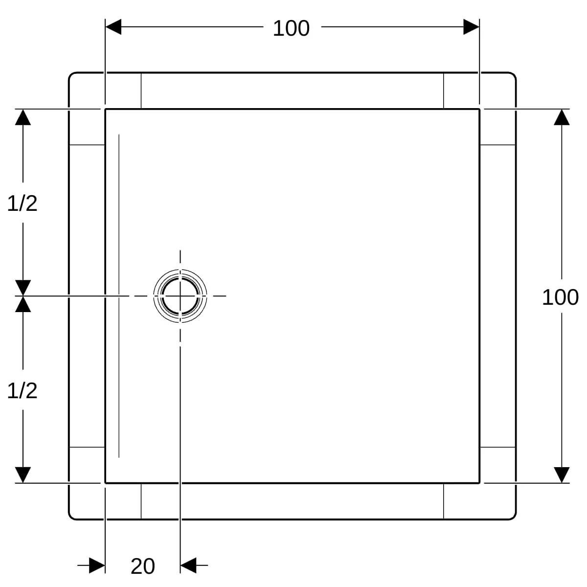 Technische Zeichnung eines quadratischen Panels mit einem zentrierten kreisförmigen Loch und Bemaßungslinien mit den Beschriftungen 100, 100, 1/2 und 20, die Abmessungen und die Lochplatzierung zeigen.