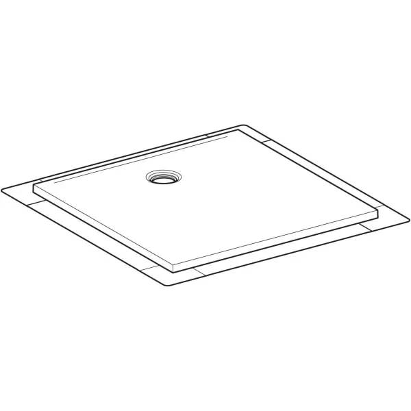 Linienzeichnung einer quadratischen Duschablaufabdeckung mit zentralem Loch, perspektivisch auf einer flachen Unterlegplatte dargestellt.