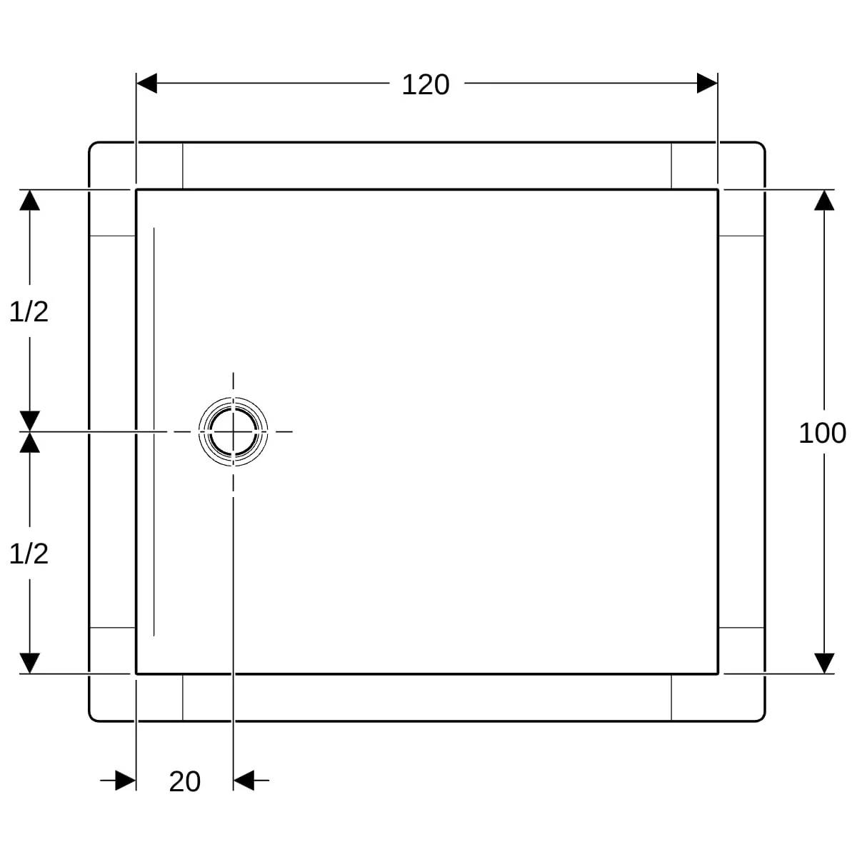 Technische Zeichnung eines rechteckigen Panels mit den Abmessungen 120 Breite und 100 Höhe, mit einem zentrierten Loch auf der linken Seite 20 Einheiten vom Rand entfernt.
