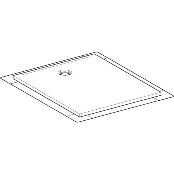 Technische Zeichnung einer quadratischen Dusch- oder Bodenablaufabdeckung mit zentralem kreisförmigem Loch und geschichteter Grundplatte.