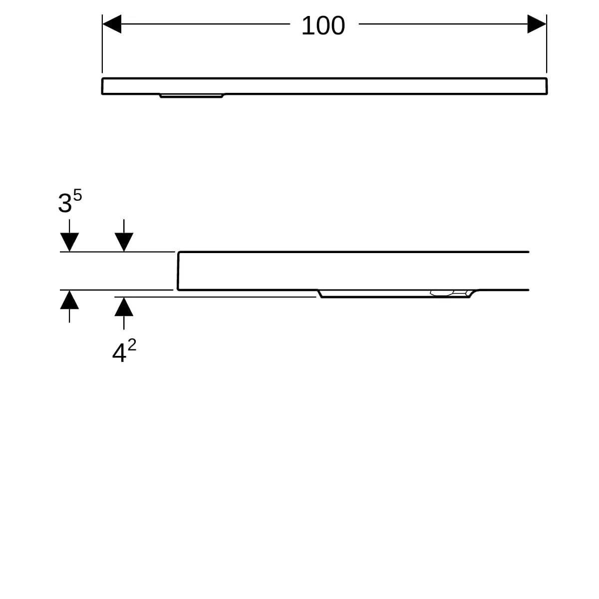 Technische Zeichnung eines flachen rechteckigen Teils, mit der Beschriftung 100 lang, mit Seitenansicht, die Dickendimensionen von 3,5 und 4,2 zeigt.