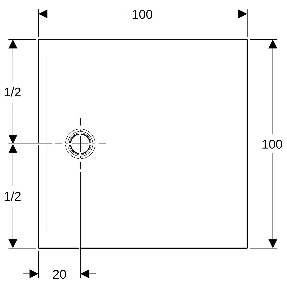 Technische Zeichnung eines 100 mal 100 großen Quadrats mit einem zentrierten kreisförmigen Loch, das 20 Einheiten vom linken Rand und auf halber Höhe positioniert ist.
