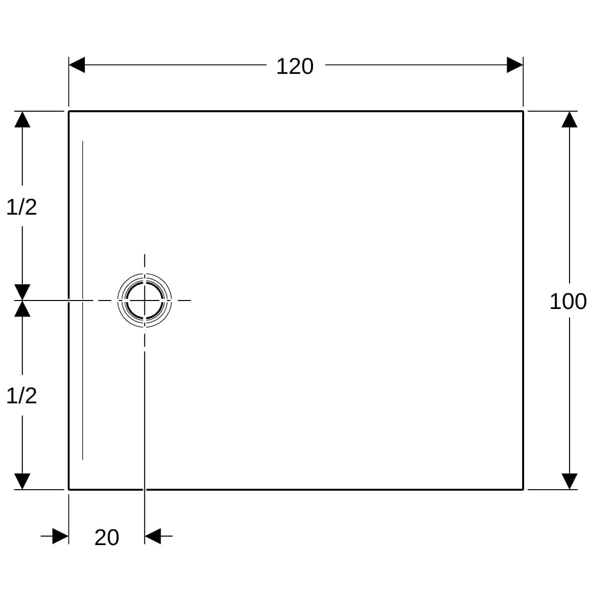 Technische Zeichnung eines 120 x 100 Rechtecks mit einem zentrierten Kreisloch 20 Einheiten vom linken Rand und auf halber Höhe.
