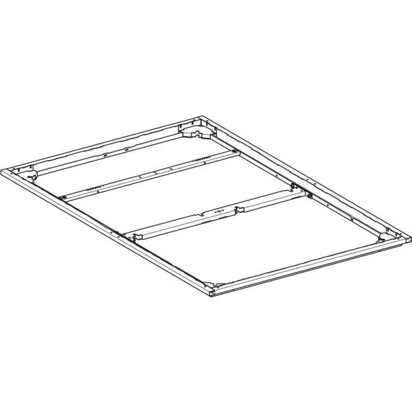 Linienzeichnung einer rechteckigen Metallrahmen- oder Stützstruktur in perspektivischer Darstellung mit Querträgern und Eckklammern.