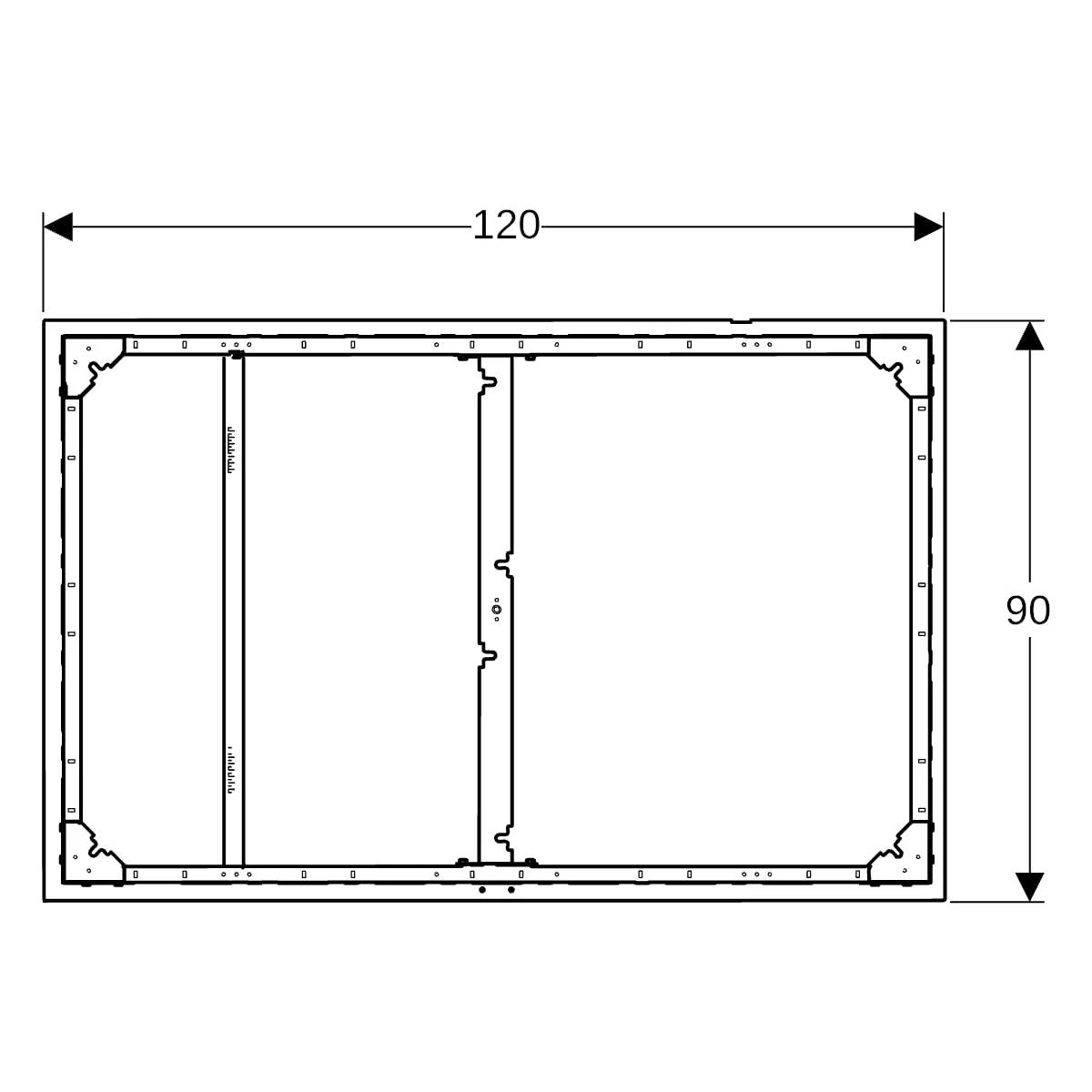 Technisches Diagramm eines rechteckigen Rahmens oder Panels mit einer Breite von 120 und einer Höhe von 90, das interne Unterteilungen und Eckdetails mit Maßpfeilen zeigt.