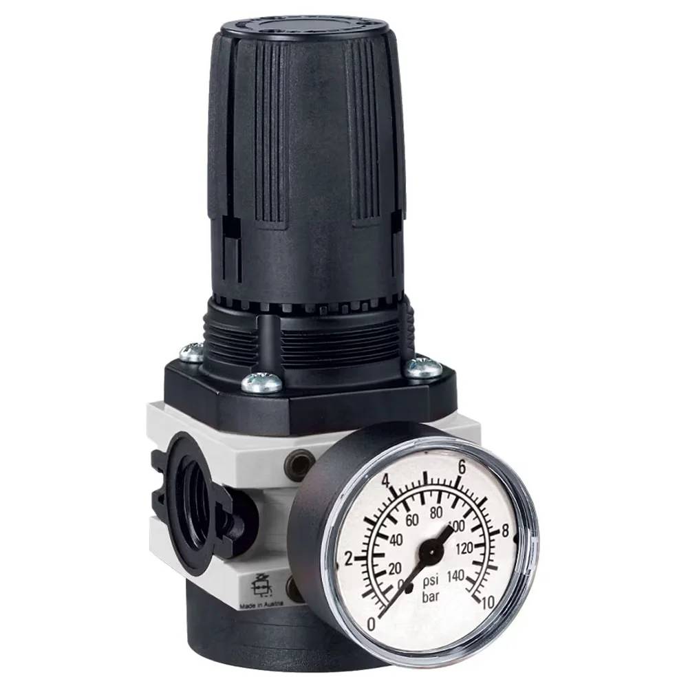 Industrieller Druckregler für Luft mit Einstellknopf und rundem Druckmanometer mit Anzeige in psi und bar.