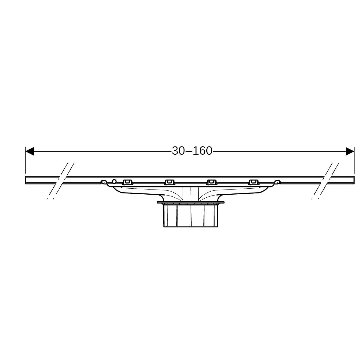 Technisches Diagramm einer Schienen- oder Montagebaugruppe mit einer zentralen Halterung, gekennzeichnet mit der Spannweite „30–160