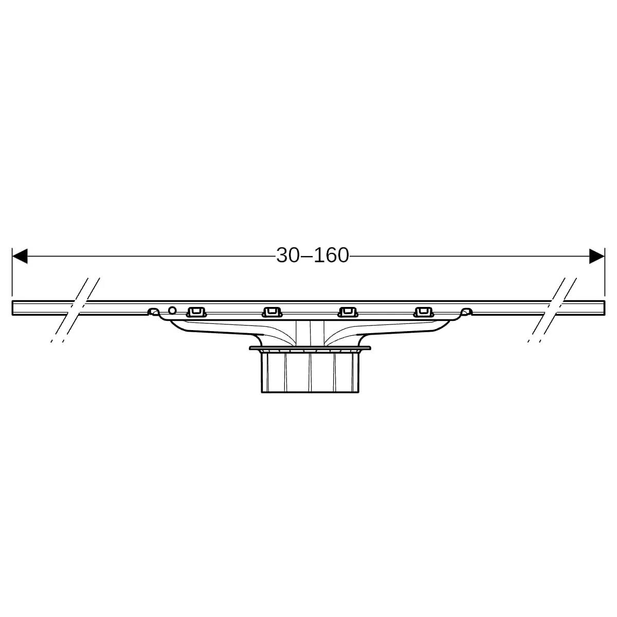 Technisches Diagramm einer horizontalen Befestigungshalterung mit einem zentralen Montagebock, mit gekennzeichnetem Breitenbereich von 30–160 über der oberen Seite.