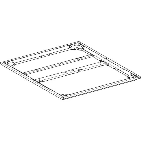 Linienzeichnung einer rechteckigen Metallrahmeneinheit mit inneren Stützschienen, dargestellt in Perspektive auf einfachem Hintergrund.