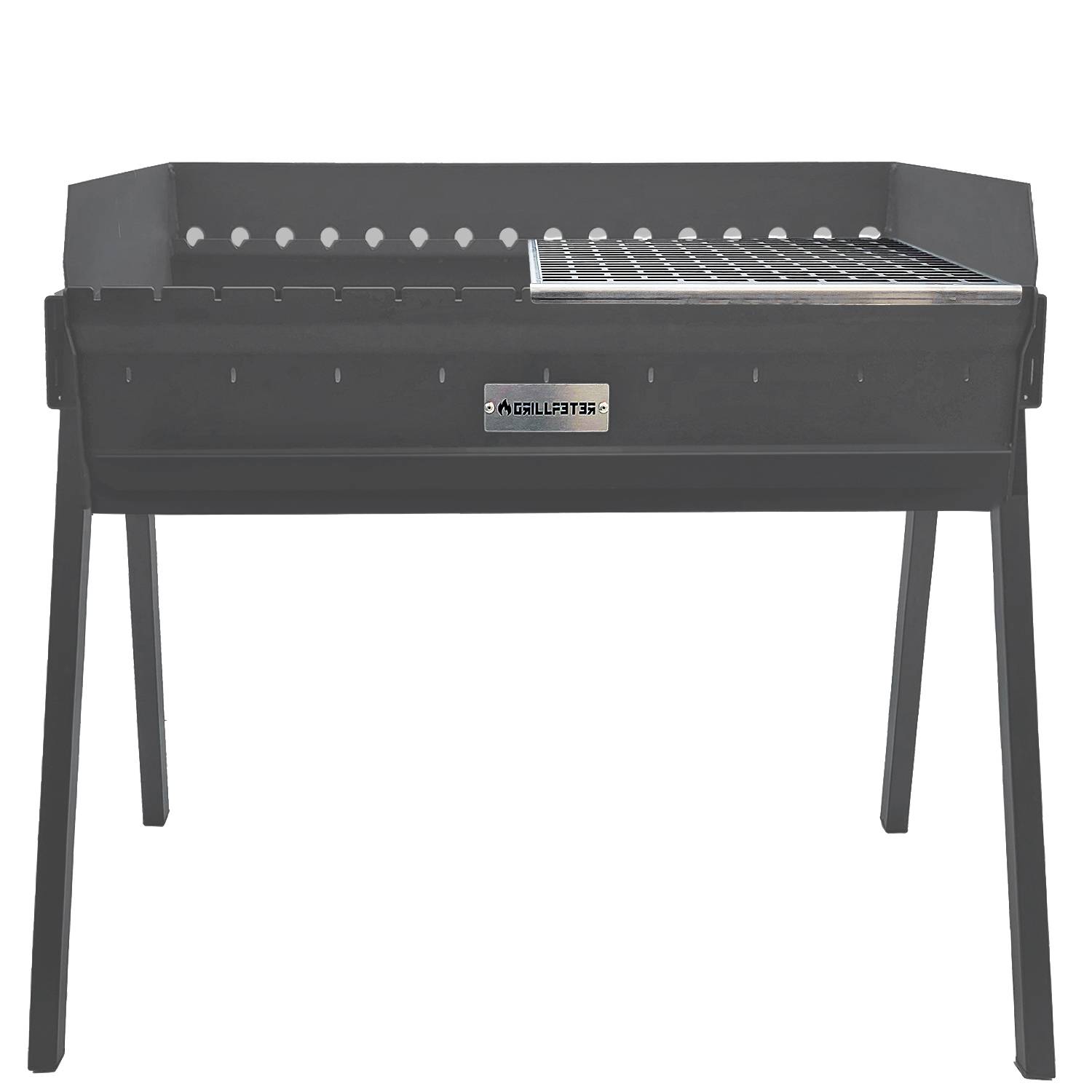 Schwarzer Holzkohlegrill auf vier Beinen mit verstellbarem Kochrost und Lüftungslöchern, auf weißem Hintergrund abgebildet.