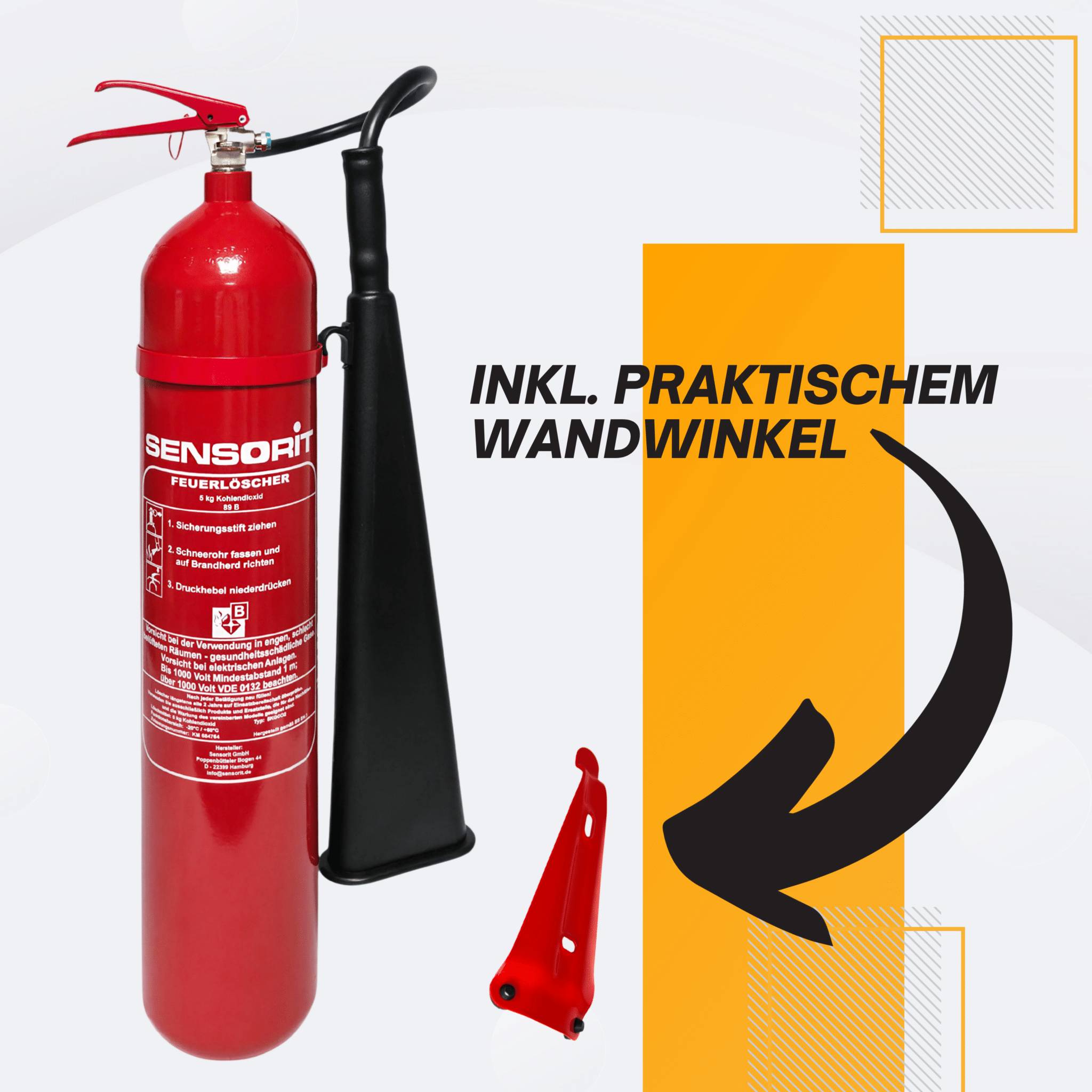 Feuerlöscher, 5kg Kohlendioxid, Löscher für elektrische Anlagen & EDV nach DIN EN 3 inkl. Instandhaltungsschild und Wandhalter