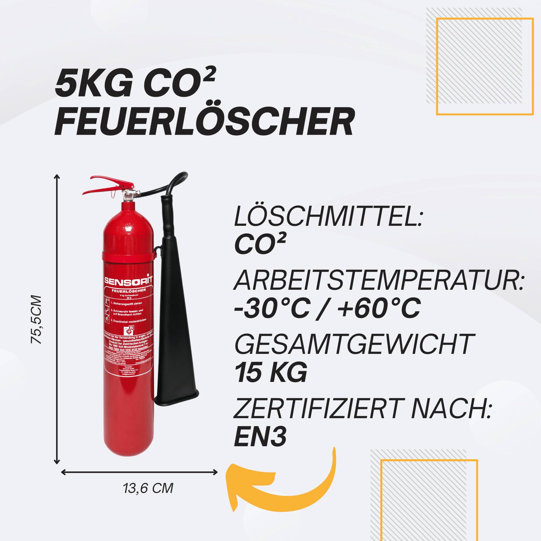 Feuerlöscher, 5kg Kohlendioxid, Löscher für elektrische Anlagen & EDV nach DIN EN 3 inkl. Instandhaltungsschild und Wandhalter