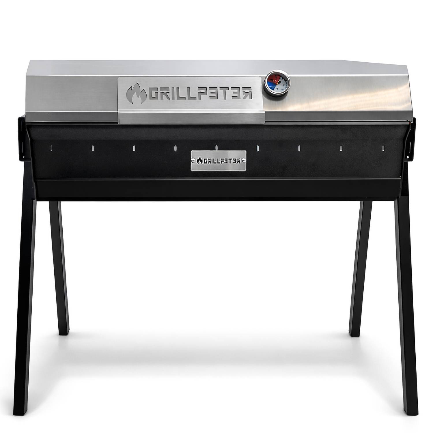Edelstahl- und schwarzer Outdoor-Holzkohlegrill auf vier Beinen, mit Deckelthermometer und GrillFaster-Branding.