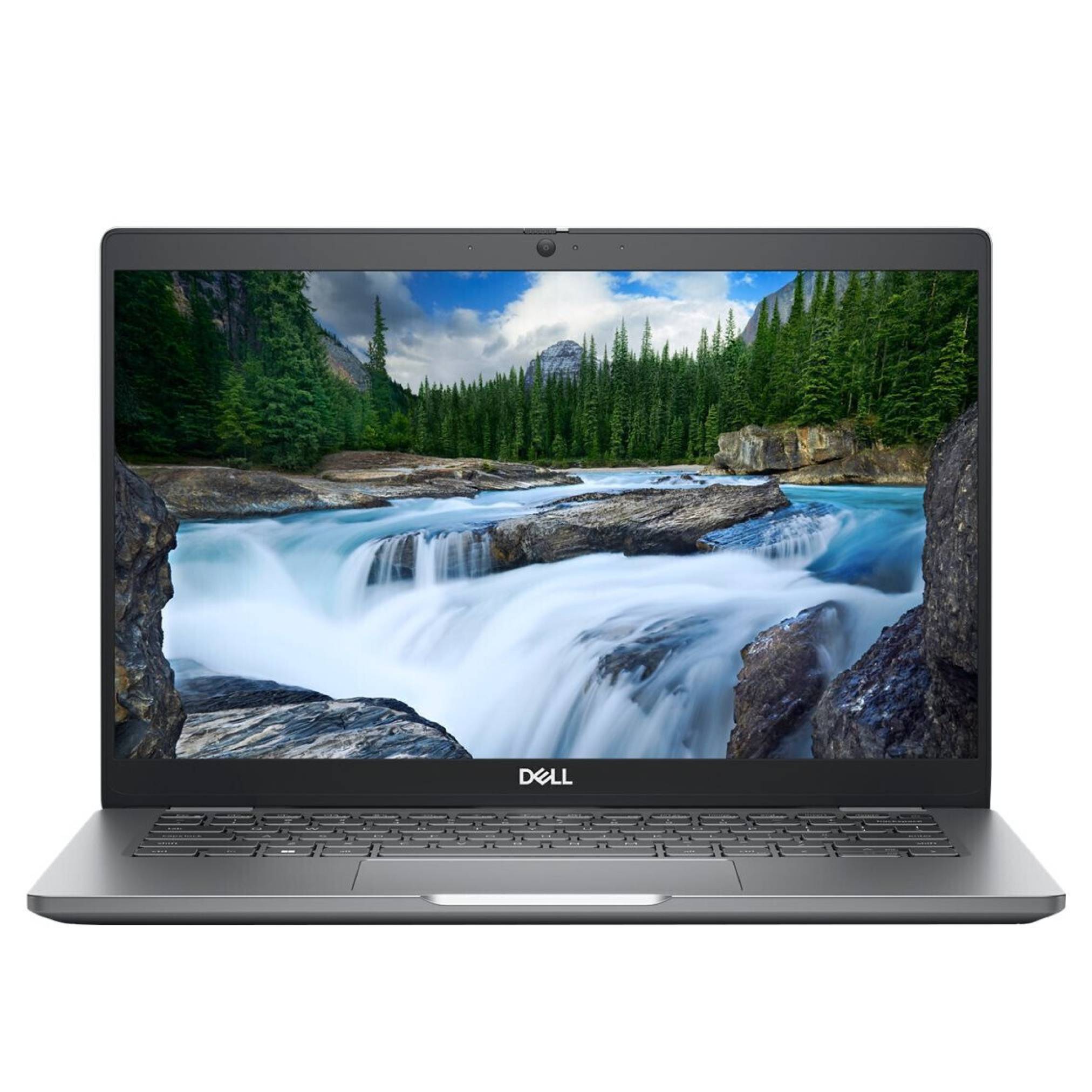 Dell-Laptop von vorne mit einem Natur-Hintergrundbild auf dem Bildschirm, das einen Fluss mit Wasserfall, einen Kiefernwald und Berge zeigt.