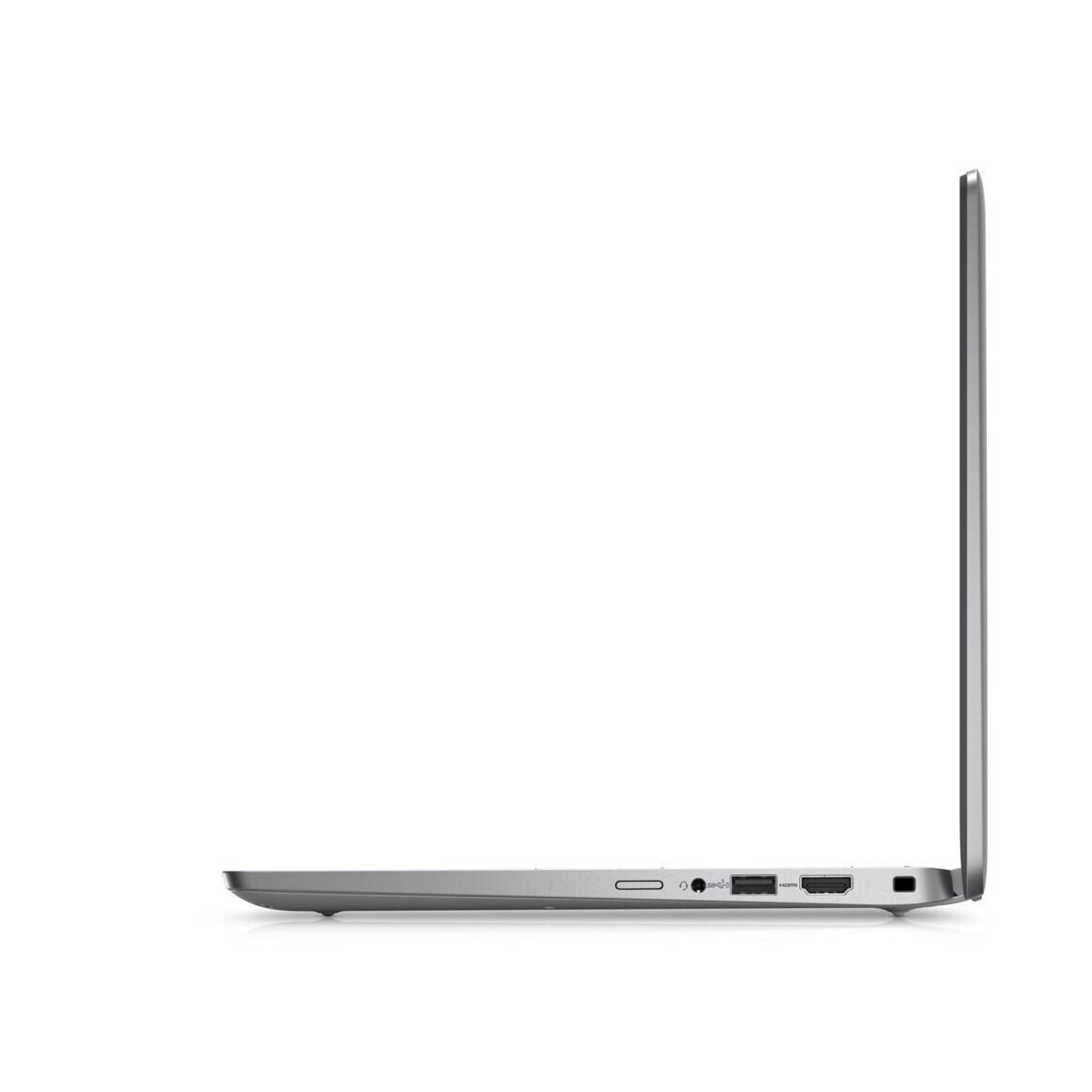 Seitenansicht eines dünnen silbernen Laptops, in einem rechten Winkel geöffnet, die schlanke Silhouette und die Seitenports auf weißem Hintergrund zeigend.