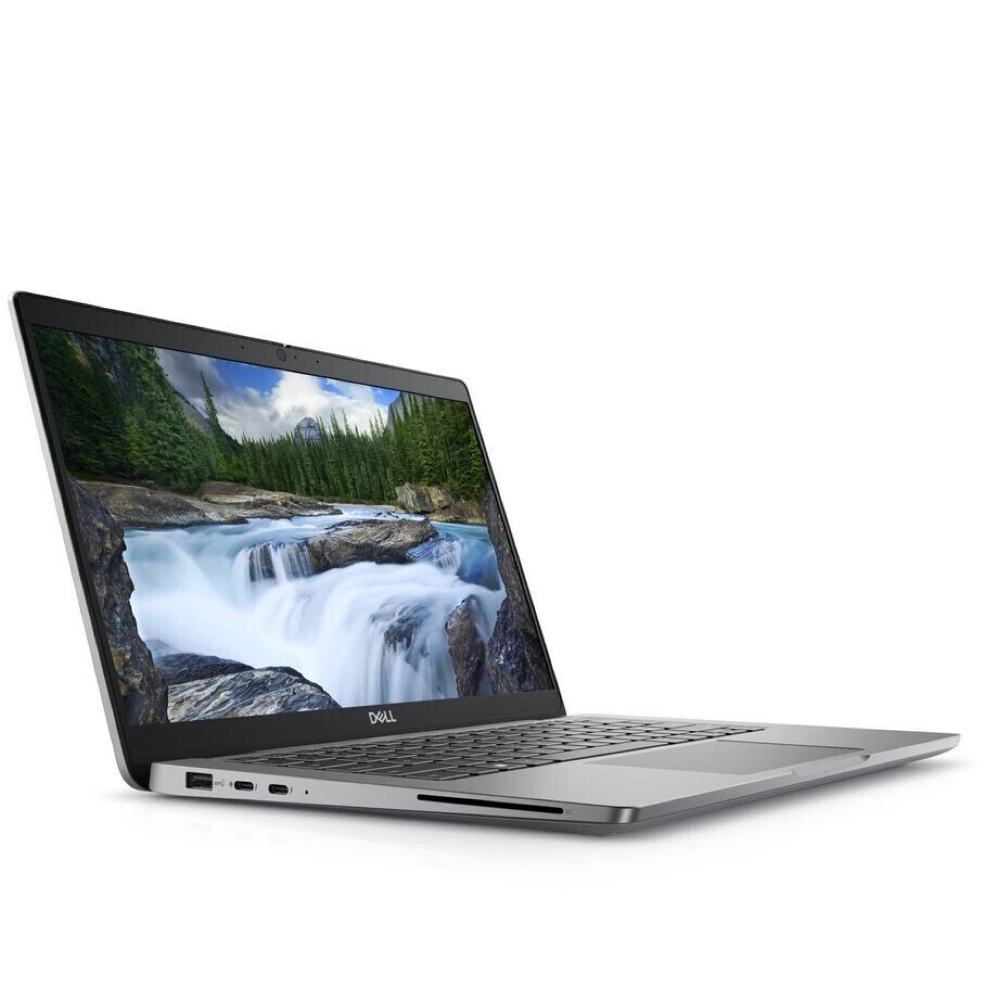 Silber Dell Laptop offen und nach links geneigt, zeigt eine Wasserfalllandschaft auf dem Bildschirm.