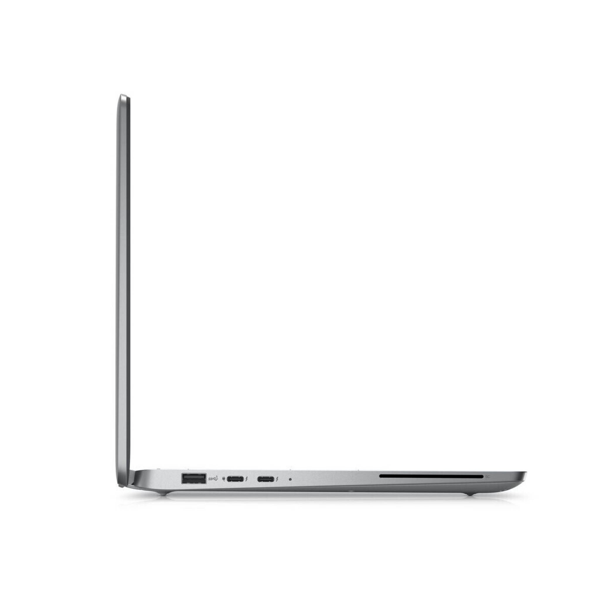 Seitenansicht eines geschlossenen silbernen Laptops, der sein dünnes Profil, das Scharnier-Display und die Anschlüsse auf der linken Seite zeigt.
