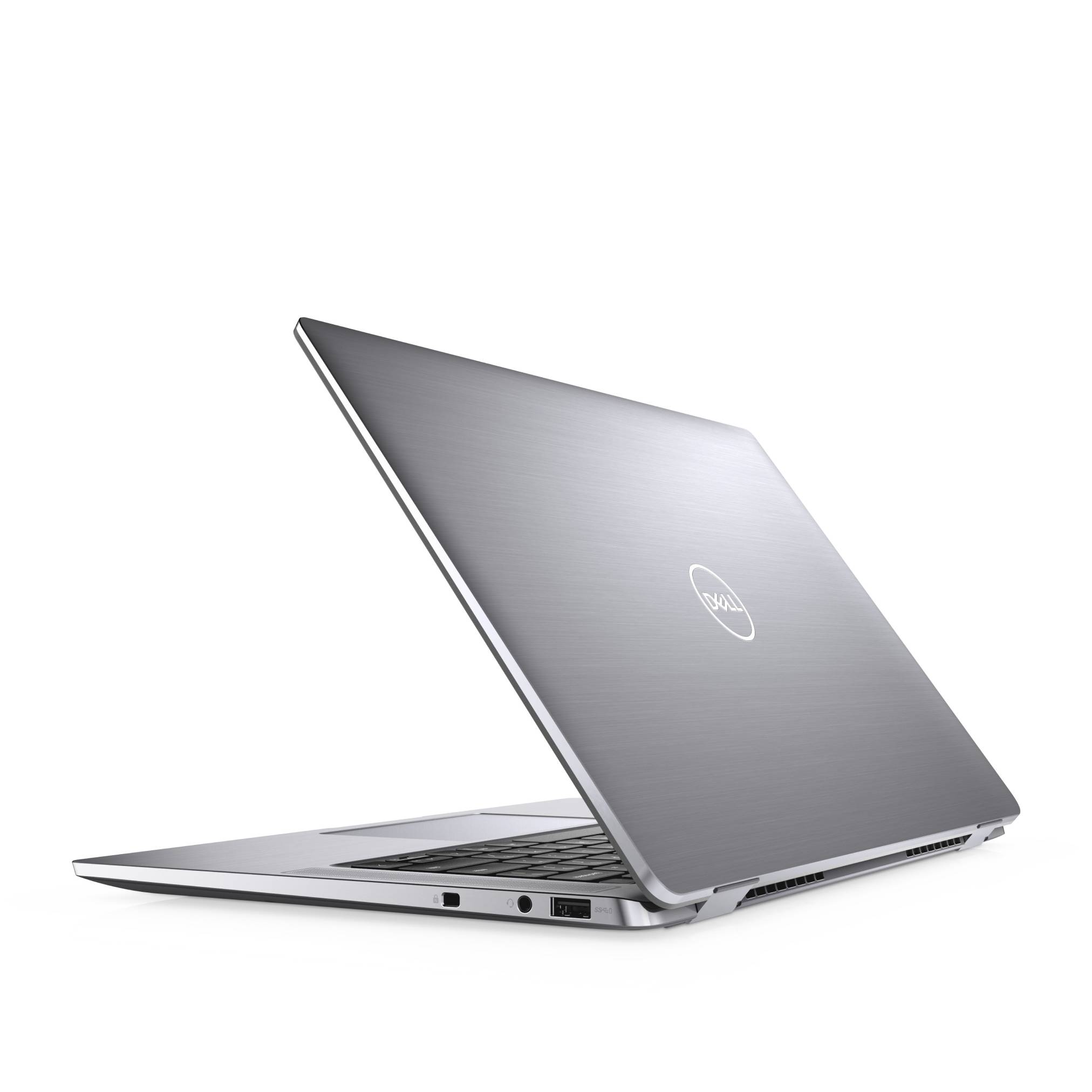 Silberner offener Dell-Laptop in Seitenansicht auf weißem Hintergrund, Deckel teilweise angehoben.