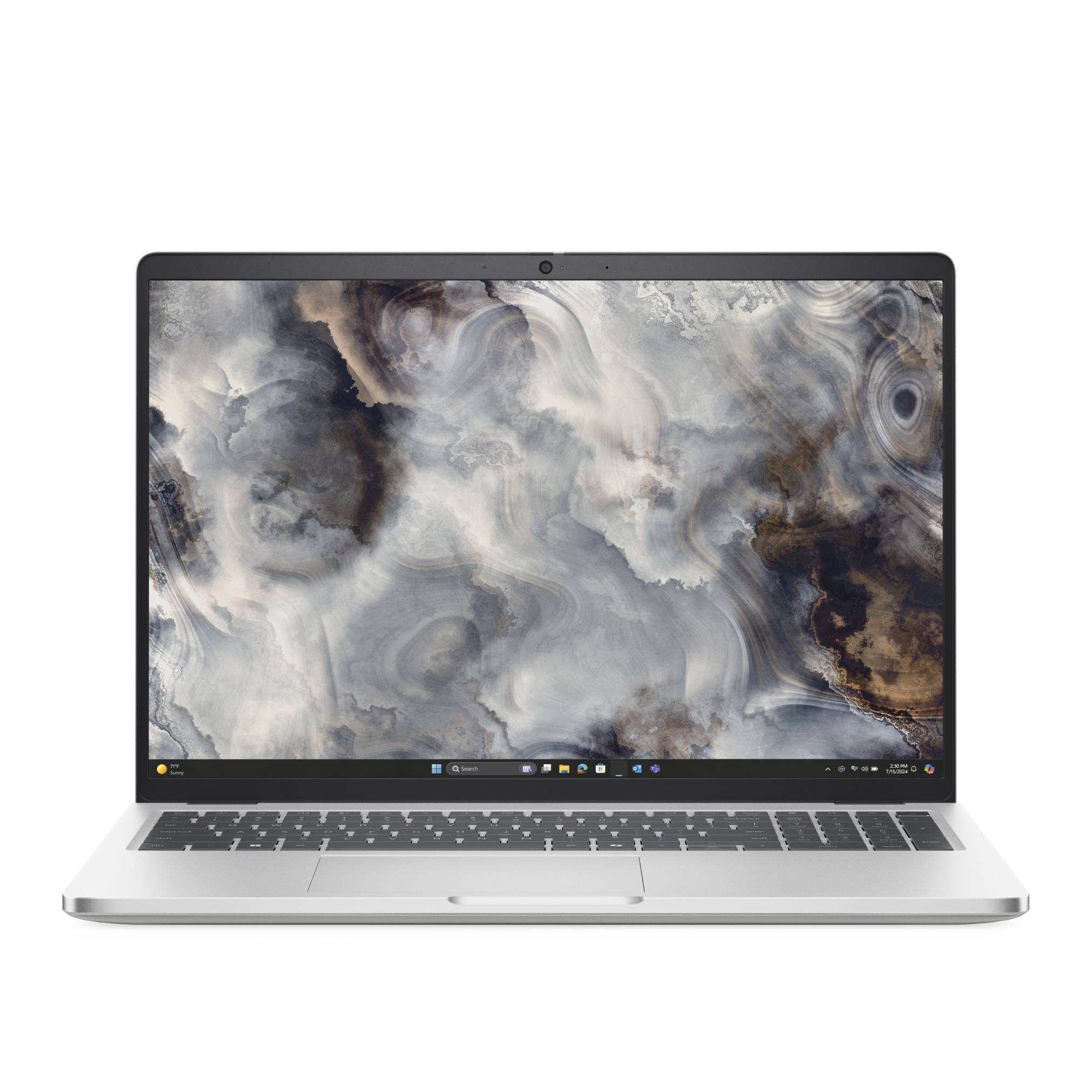 Silberner Laptop, offen und nach vorne gerichtet, zeigt auf dem Bildschirm ein abstraktes grau-weißes wolkenähnliches Hintergrundbild.