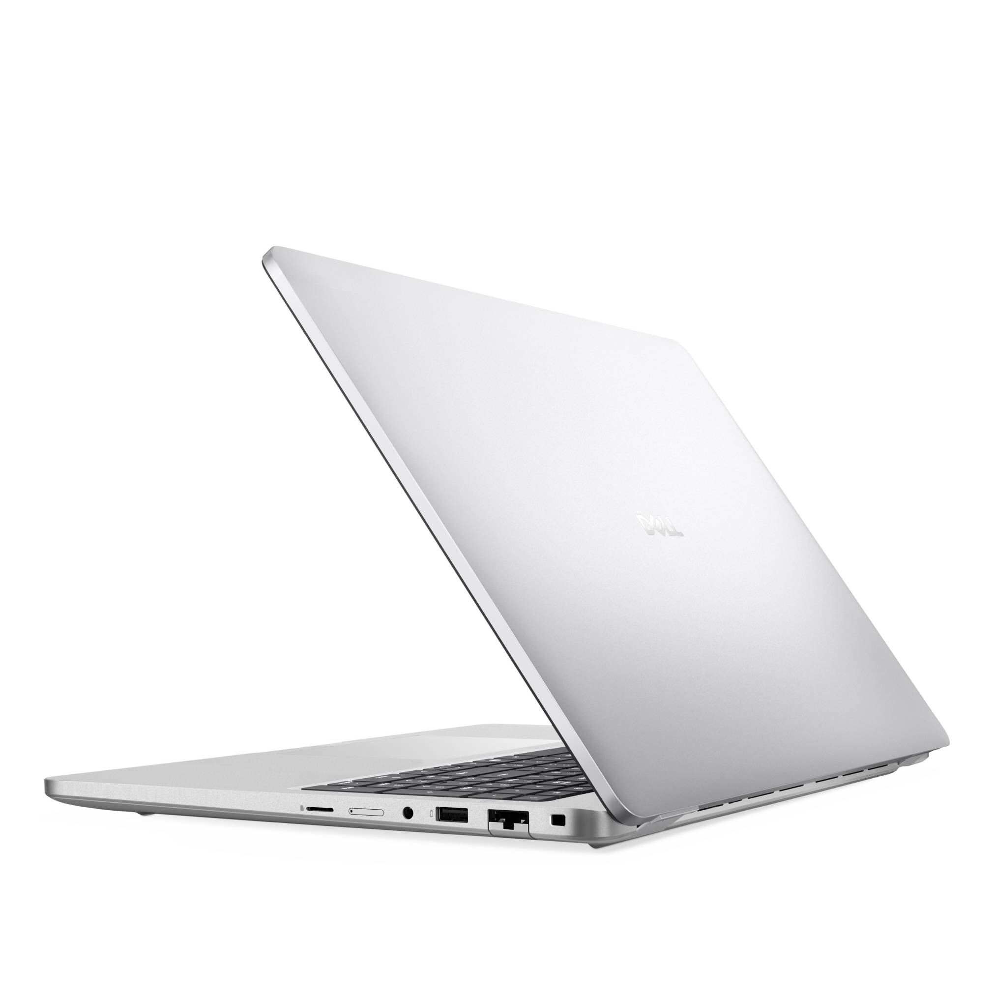 Silberner Laptop, teilweise geöffnet auf weißem Hintergrund, mit sichtbarer Tastatur und Seitenports.