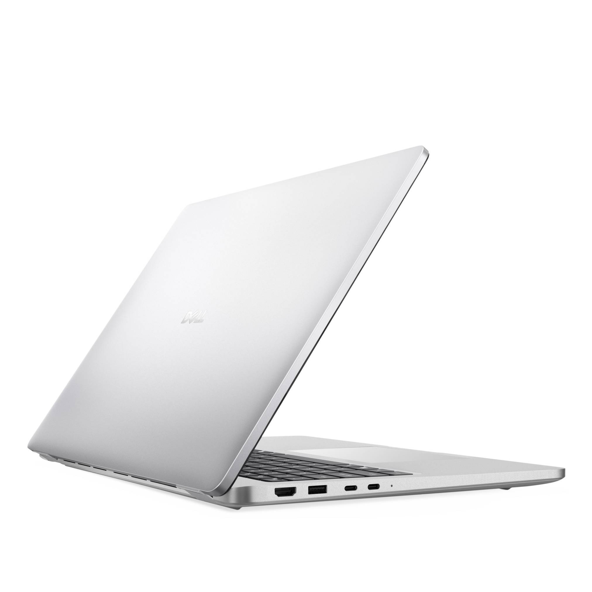 Silberner Laptop teilweise geöffnet in Seitenansicht auf weißem Hintergrund, der sein schlankes Profil und die Tastatur hervorhebt
