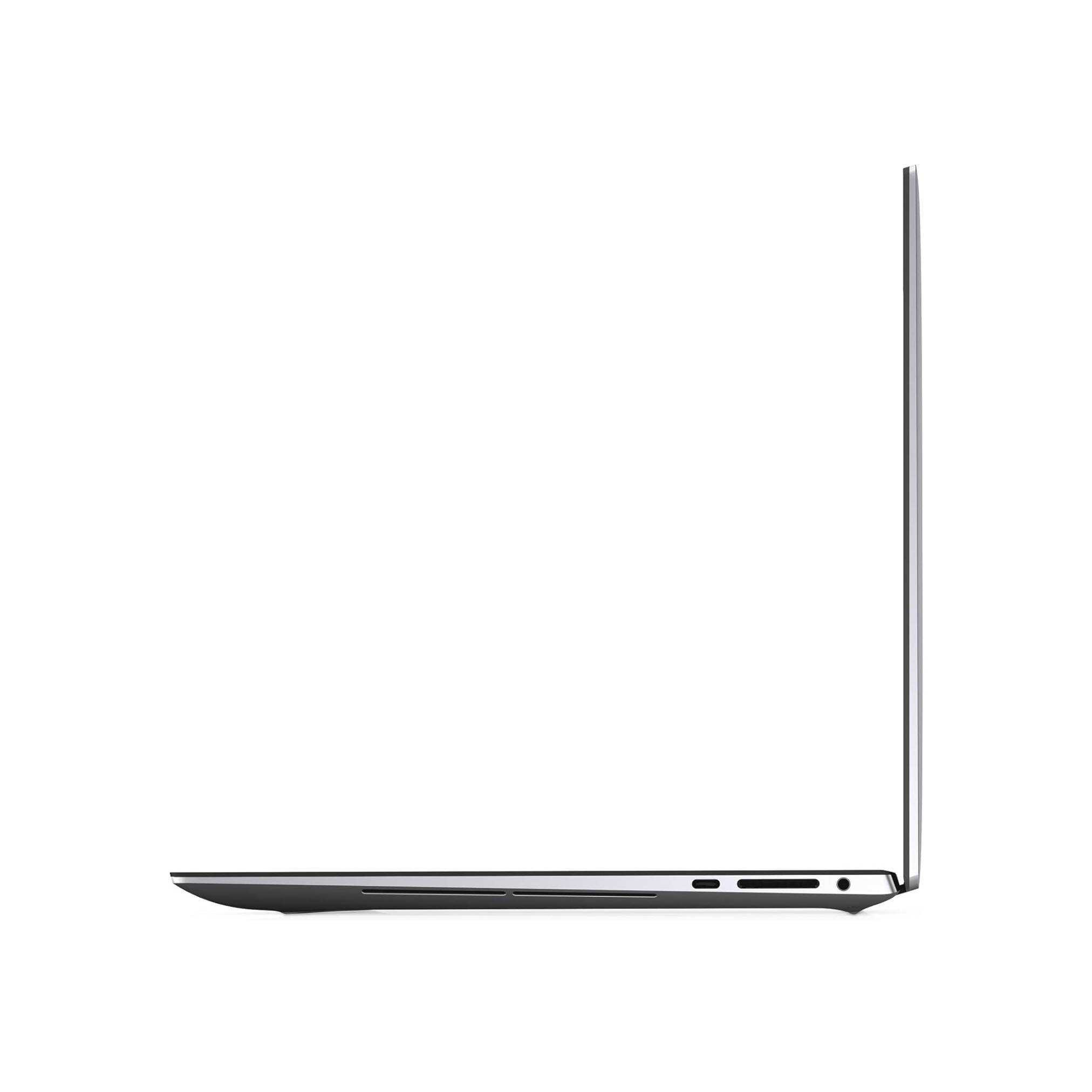 Seitenansicht eines schlanken silbernen Laptops, teilweise geöffnet auf weißem Hintergrund dargestellt.