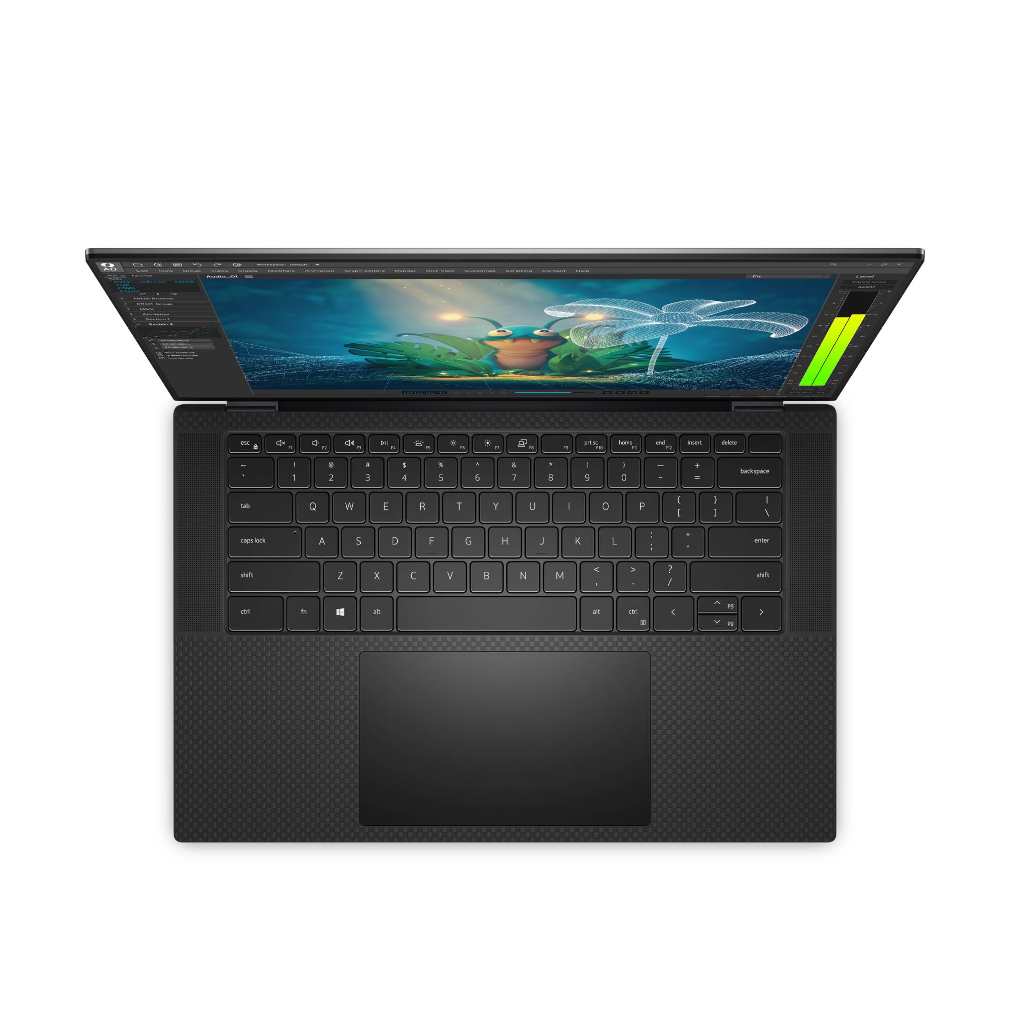 Draufsicht auf einen offenen schwarzen Laptop mit sichtbarer Tastatur, großem Trackpad und einem farbenfrohen Blumenbild auf dem Bildschirm.