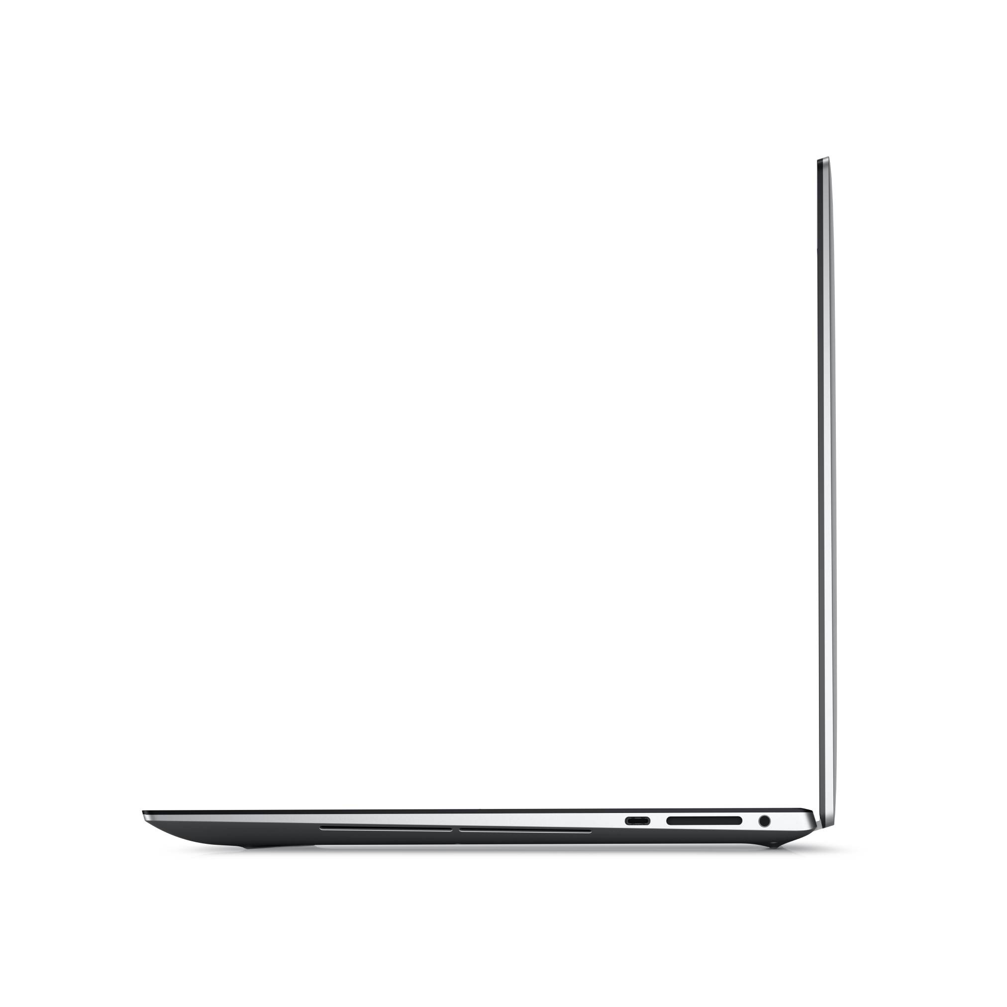 Seitenansicht eines geschlossenen silbernen Laptops mit vertikal geöffnetem Bildschirm, dargestellt auf weißem Hintergrund.