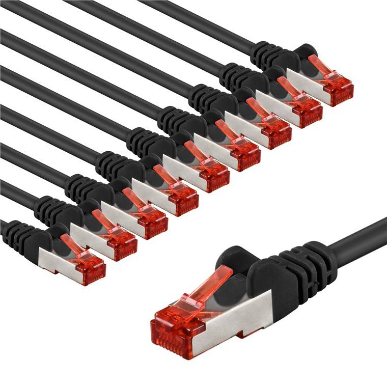 Goobay 66638 CAT 6 Patchkabel, S/FTP (PiMF), 1 m, schwarz, 10er-Set, 1 m - Kupferleiter (CU), halogenfreier Kabelmantel (LSZH)