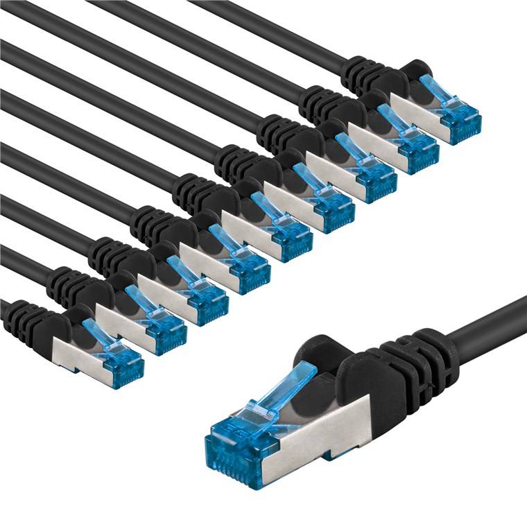 Goobay 67541 CAT 6A Patchkabel, S/FTP (PiMF), 1 m, schwarz, 10er-Set, 1 m - Kupferleiter (CU), halogenfreier Kabelmantel (LSZH)