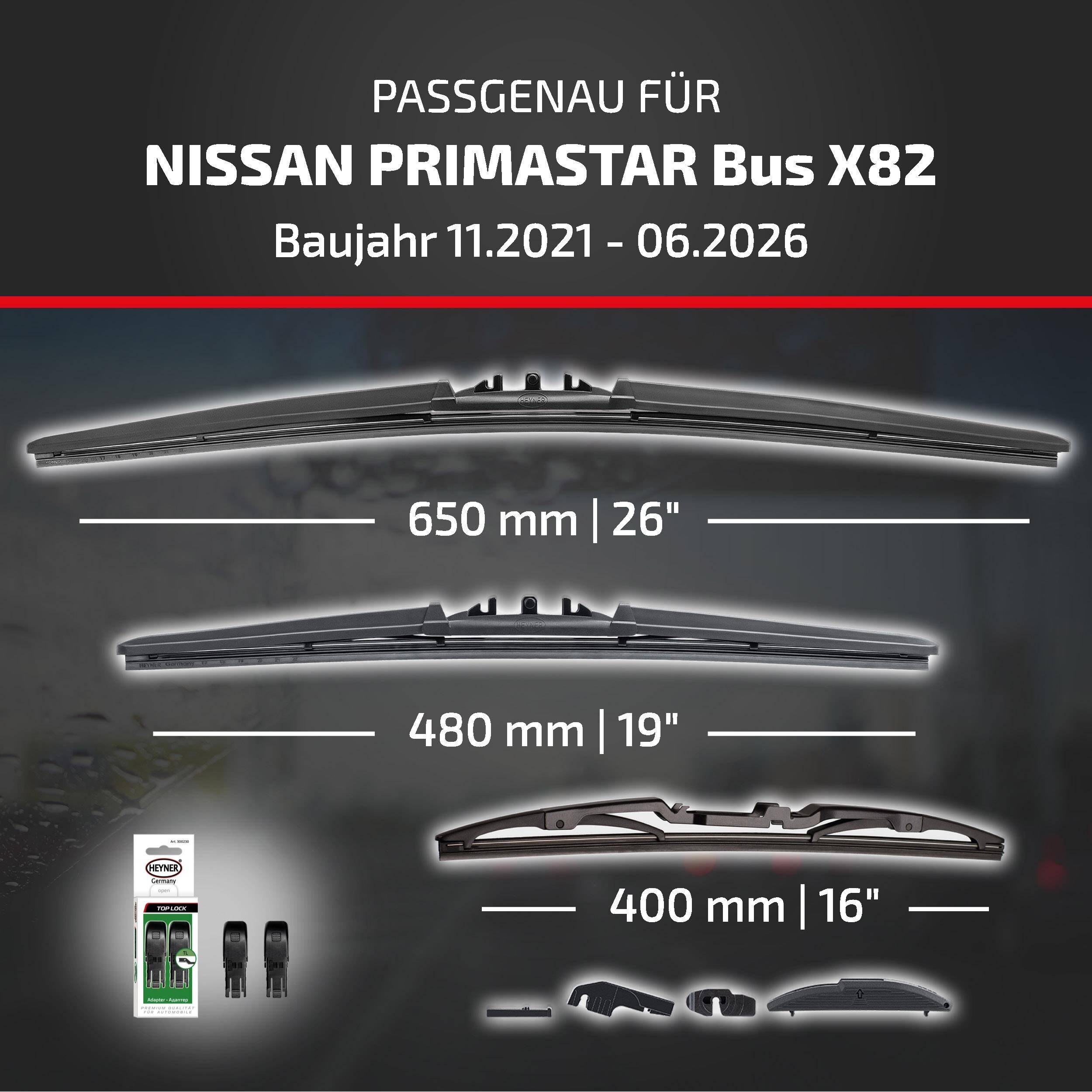 Kompatibilitätsgrafik für Nissan Primastar Bus X82 (11/2021-06/2026), zeigt empfohlene Wischerblattsgrößen: 650 mm, 480 mm und 400 mm, plus enthaltene Adapterlemente.