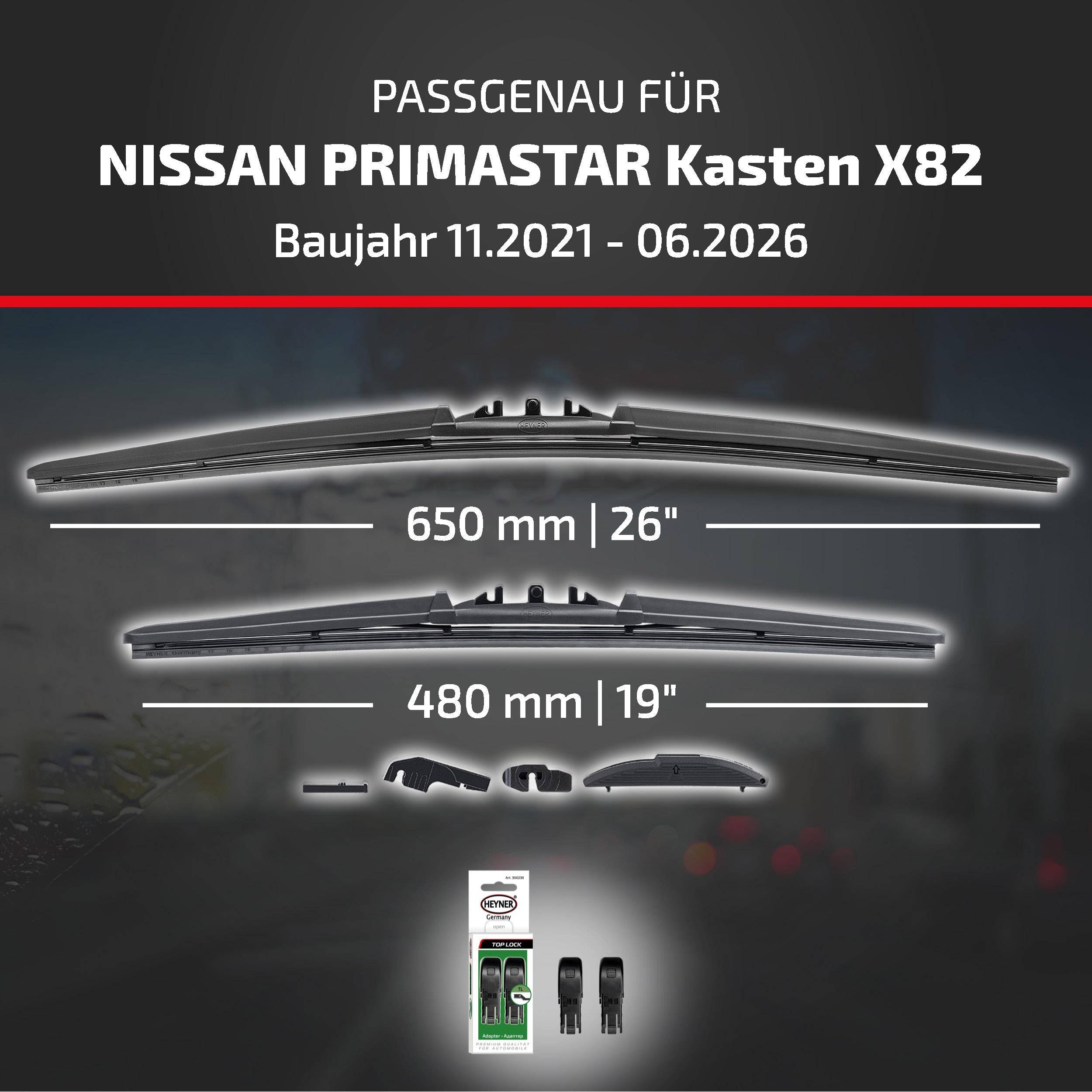 HEYNER® Scheibenwischer für NISSAN PRIMASTAR Kasten 11.2021 - 08.2026, HYBRID Flachbalkenwischer,