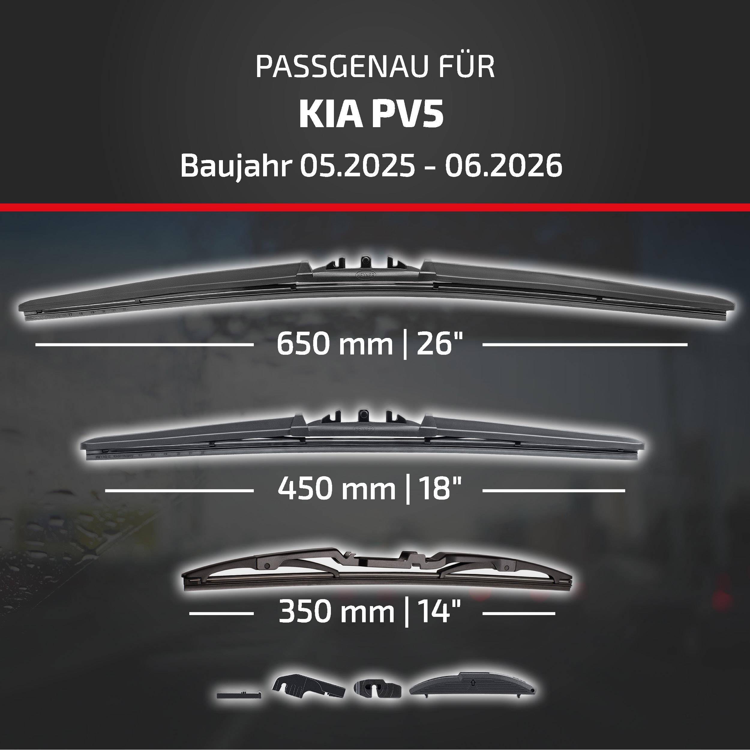 Kompatibilitätstabelle für KIA PV5 (Modelljahre 05.2025-06.2026) mit drei Scheibenwischer-Größen: 650 mm, 450 mm und 350 mm.