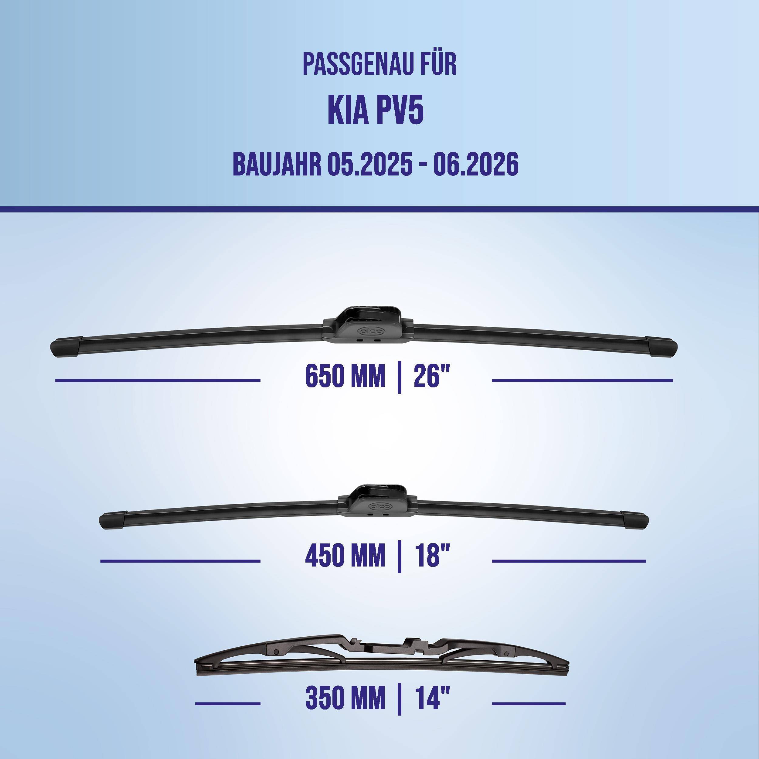 Wischerblatt-Montageanleitung für Kia PV5, Modelljahre 05.2025–06.2026, mit den Größen 650 mm (26