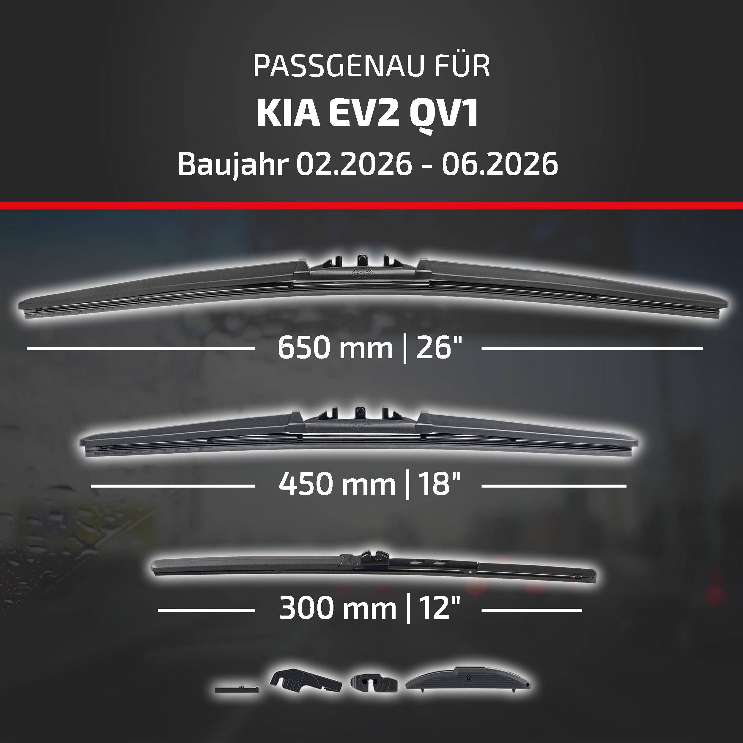 Kia EV2 QV1 Passformdiagramm, Modelljahre 02.2026-06.2026, zeigt Scheibenwischerblatt-Größen: 650 mm/26