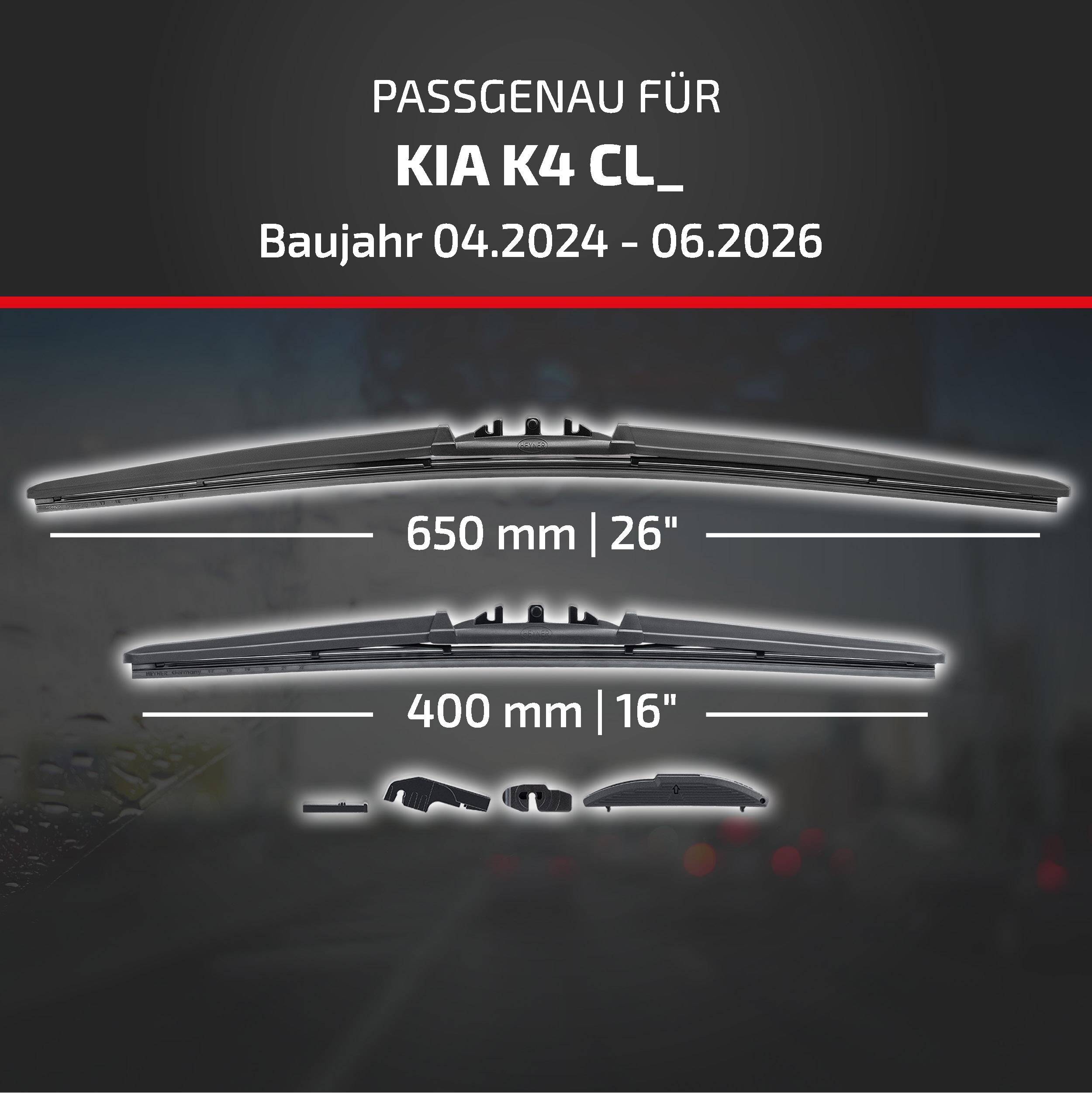 Grafik zeigt Scheibenwischer-Größen für das Modell 'KIA K4 CL_' Modelljahre 04.2024-06.2026: 650 mm (26