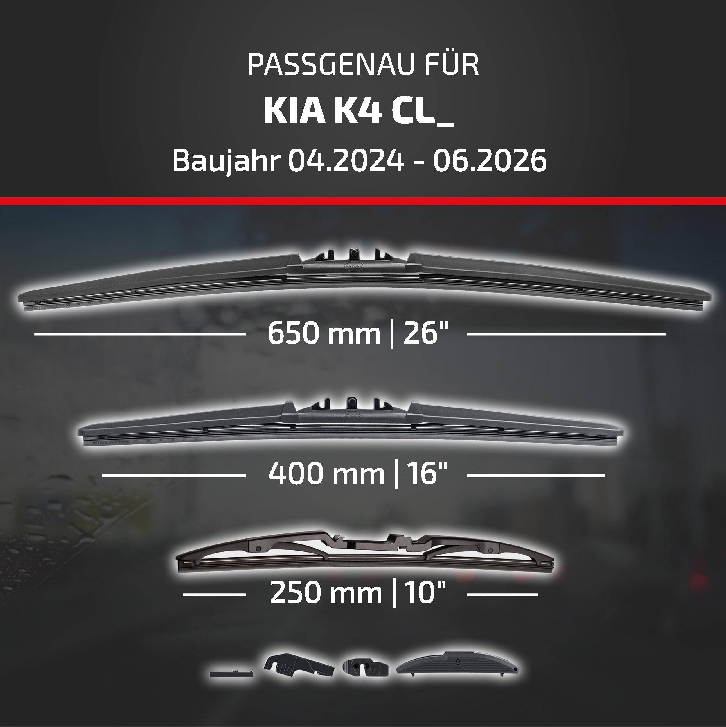 Fitment-Grafik für Kia K4 CL, Modelljahre 04/2024-06/2026, zeigt kompatible Wischergrößen: 650 mm, 400 mm und 250 mm.