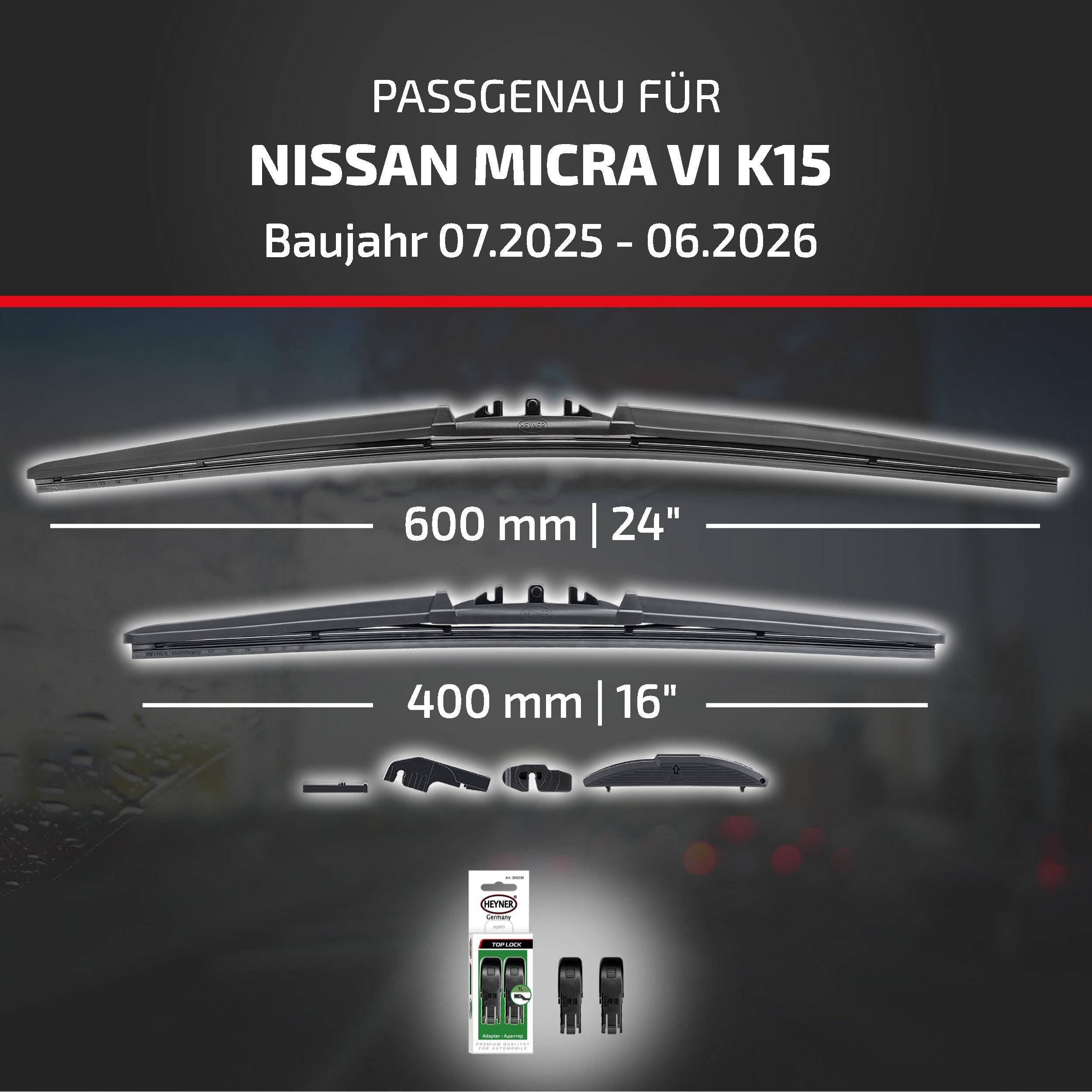 HEYNER® Scheibenwischer für NISSAN MICRA VI 07.2025 - 08.2026, HYBRID Flachbalkenwischer,