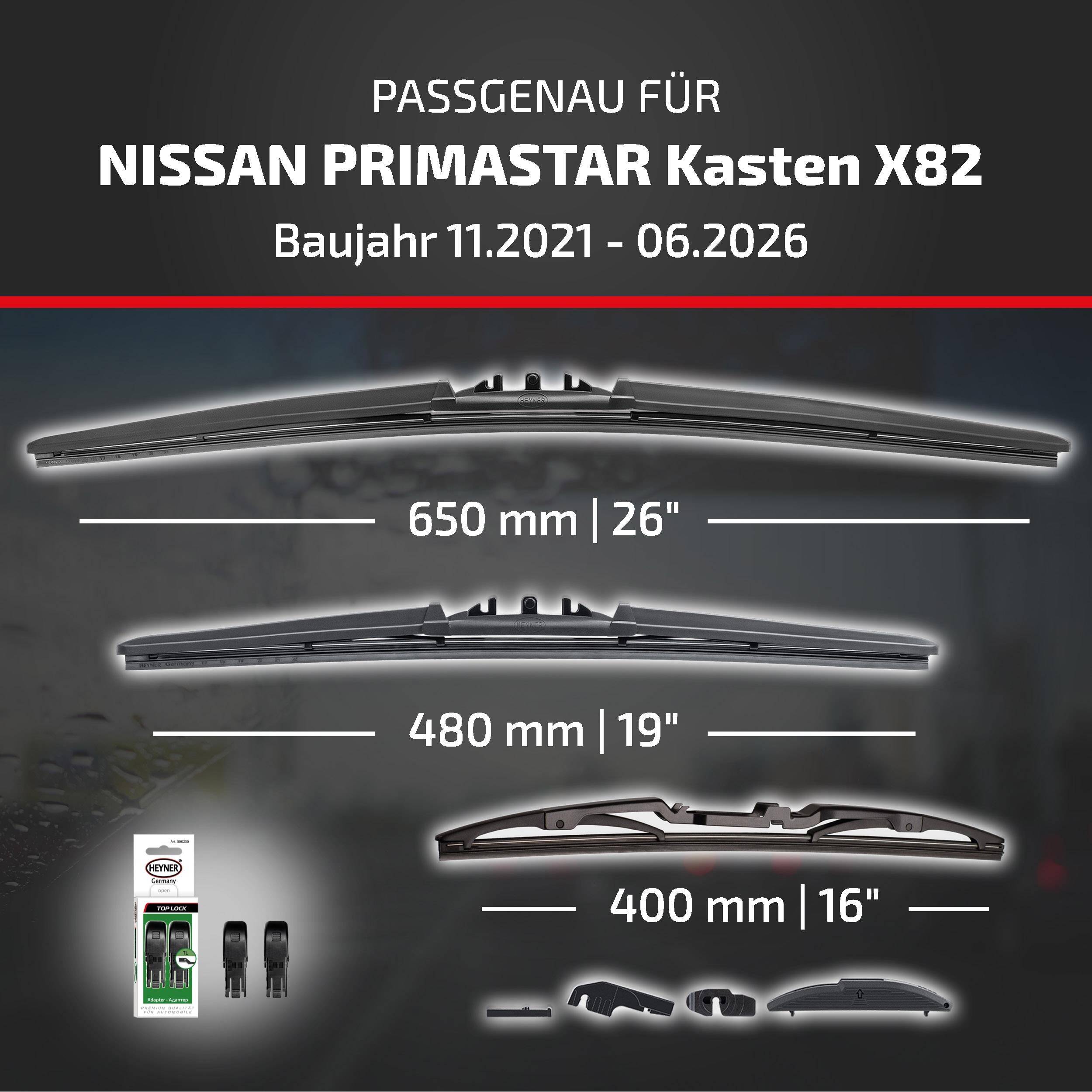 Passformführer für Nissan Primastar Kasten X82, Modelljahre 11/2021-06/2026; zeigt kompatible Wischergröße von 650 mm (26