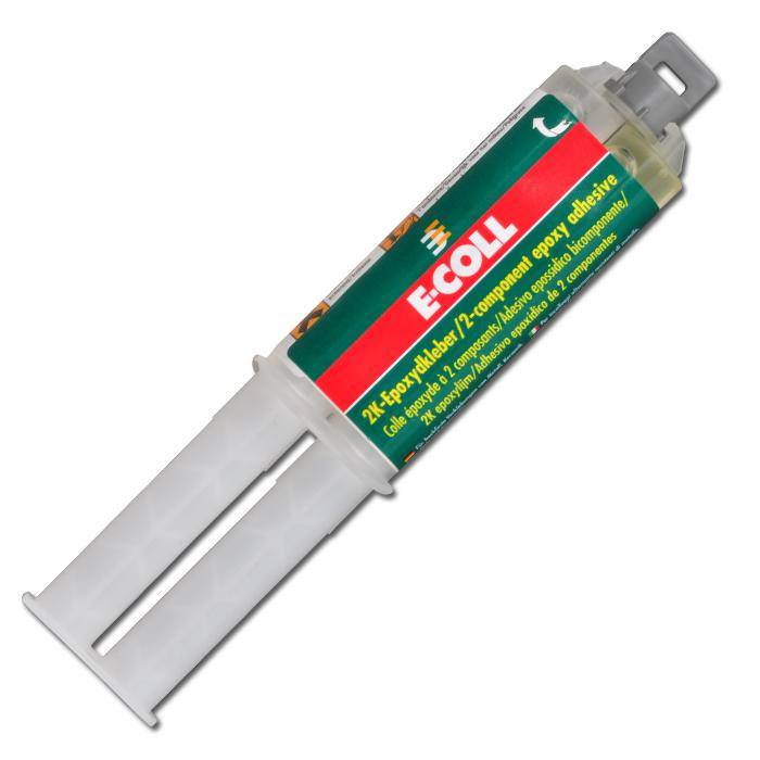Tube mit ECOLL 2K Epoxidkleber mit Doppeldispenser-Düse, gezeigt auf weißem Hintergrund.