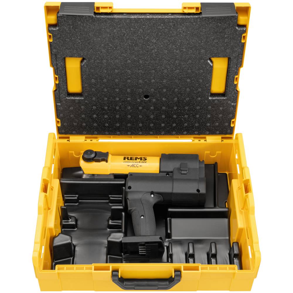 REMS Akku-Press E 22V ACC - Akku-Radialpresse 32 kN - Ø 10 bis 108 mm - mit Akku und Ladegerät - in L-Boxx