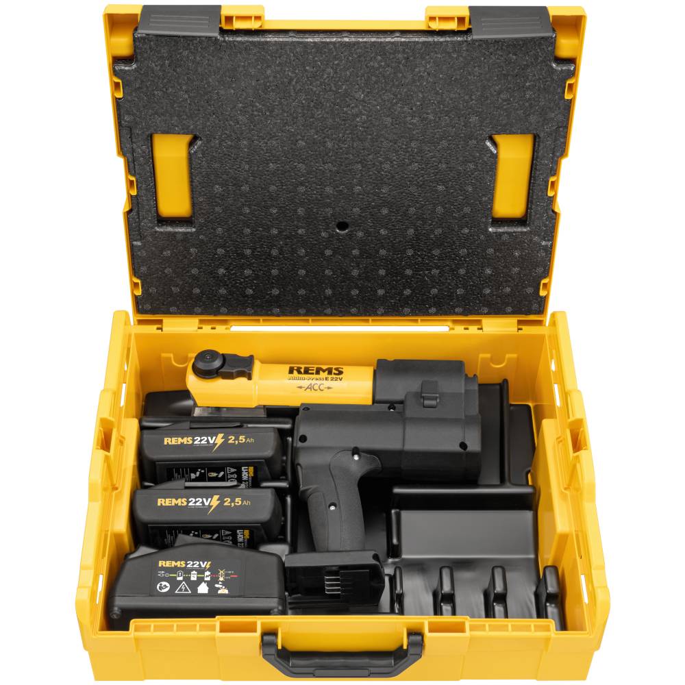 REMS Akku-Press E 22V ACC - Akku-Radialpresse 32 kN - Ø 10 bis 108 mm - mit 2 Akkus und Ladegerät - in L-Boxx