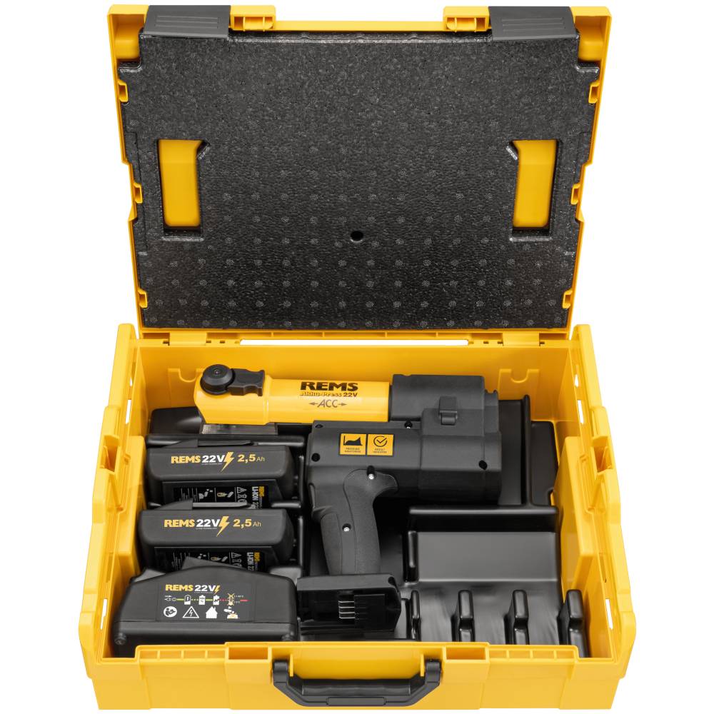 REMS Akku-Press 22V ACC - Akku-Radialpresse 32 kN - Ø 10 bis 108 mm - mit 2 Akkus und Ladegerät - in L-Boxx