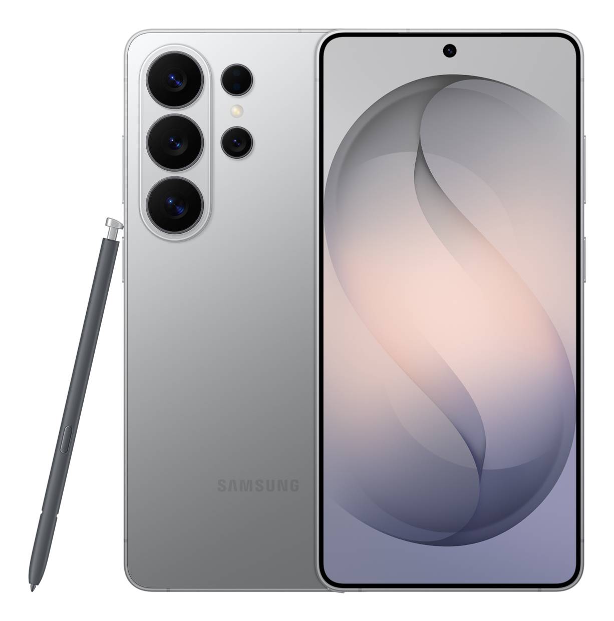Vorder- und Rückseite eines silbernen Samsung-Smartphones mit drei rückseitigen Kameras und einem Stift daneben.