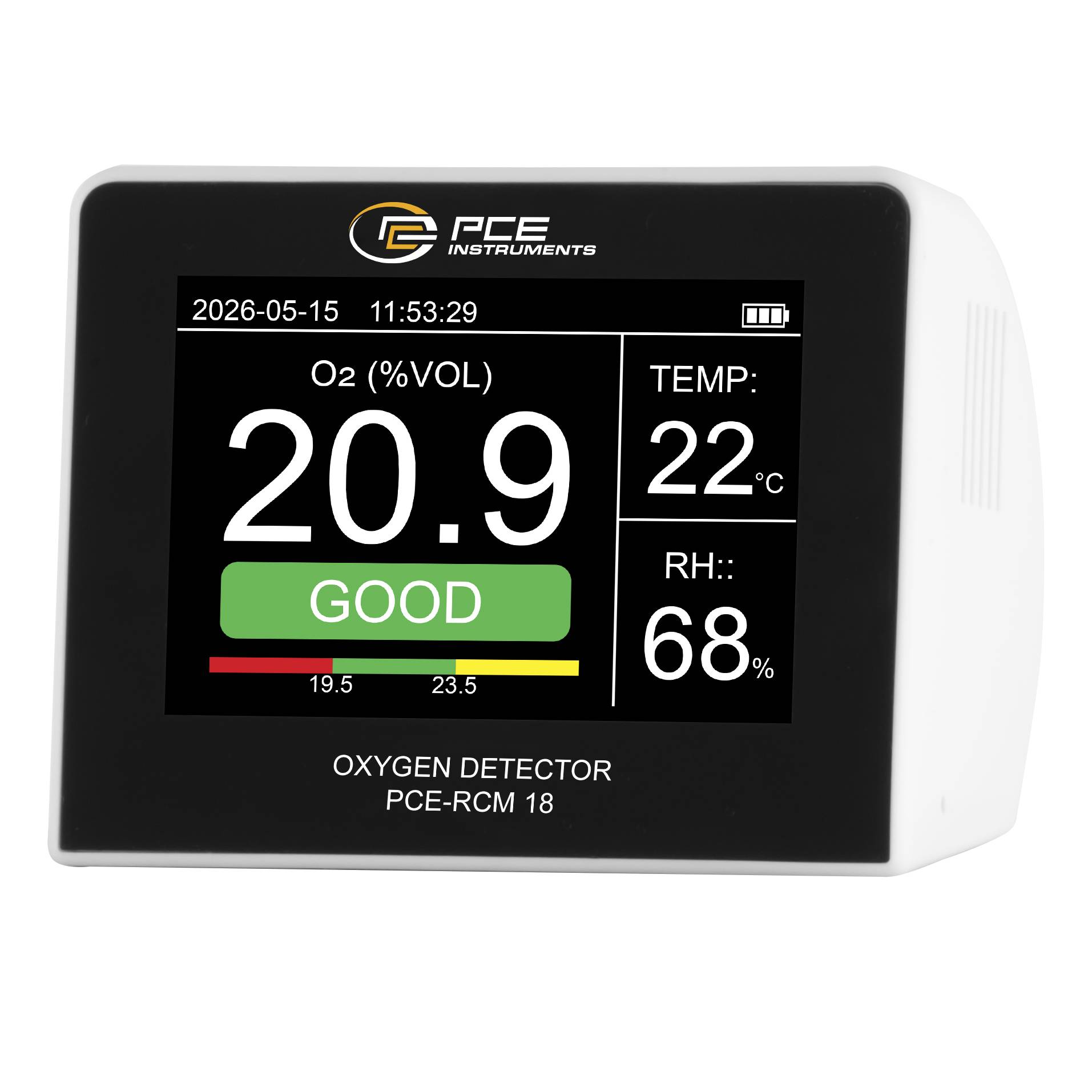 PCE-RCM 18 Sauerstoffdetektor-Display zeigt O2 20,9% VOL, Status „GUT