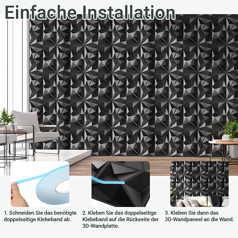 3D PVC Wandpaneele 30*30cm Schwarz Diamant Optik Wandverkleidung Zuschneidbar Innen