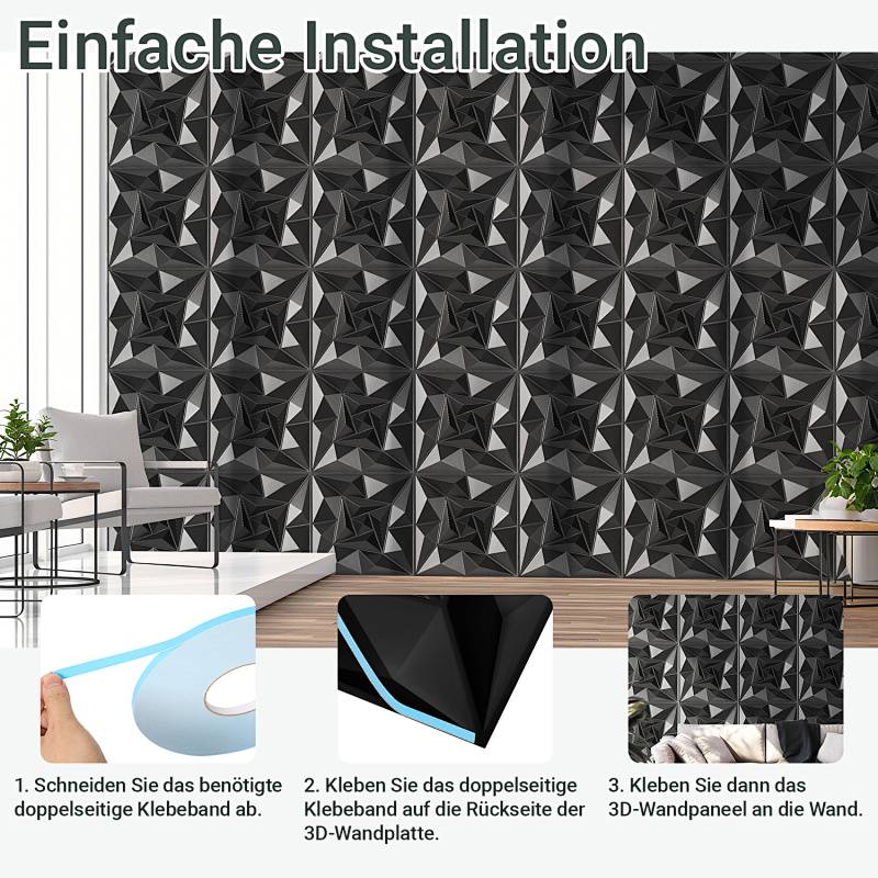 3D Wandpaneele Schwarz 30*30cm Wirbel Design PVC Selbstklebende Wanddeko Kunstvoll
